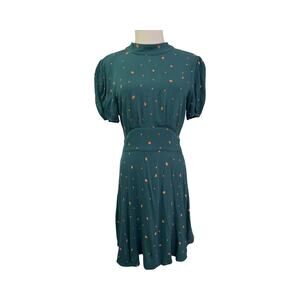 Free People Green Polka Dot Fit & Flare Mini Dress Size 6 Open Back Puff Sleeve